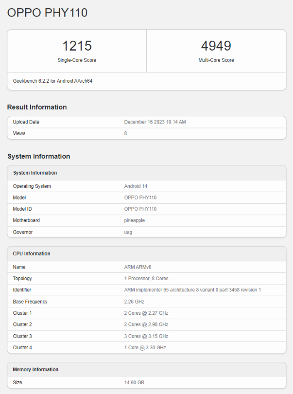 Oppo Find X7 Ultra Geekbench listing