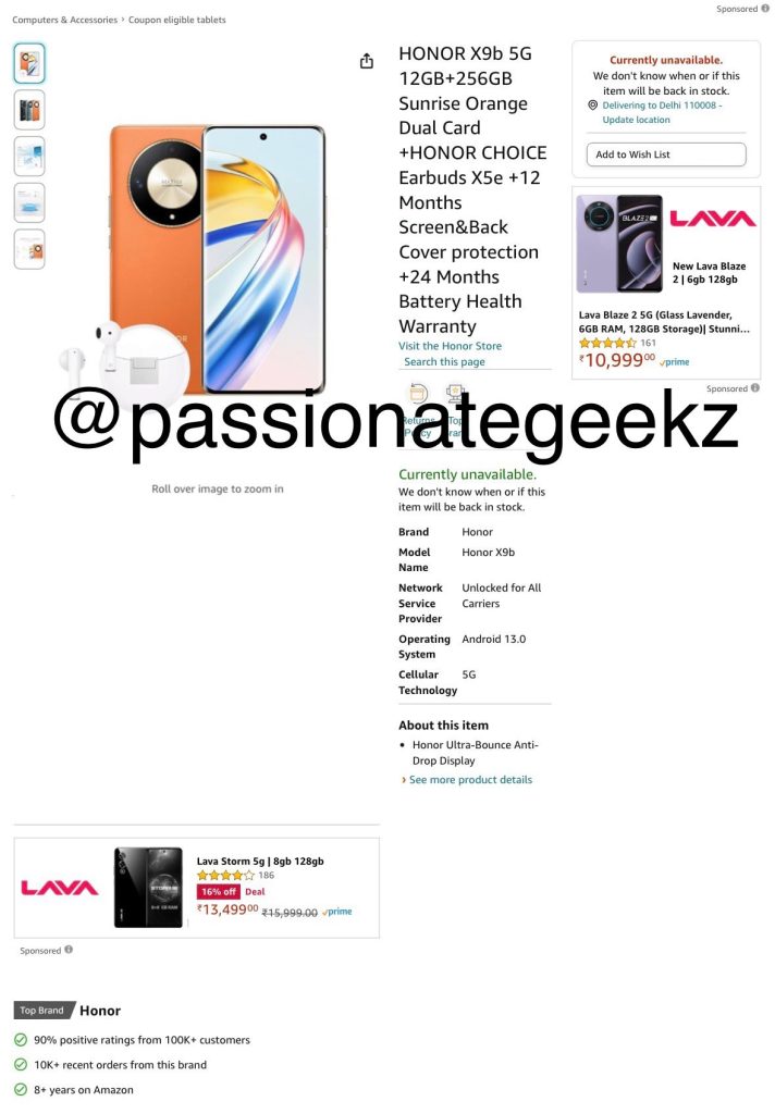 Honor X9B 5G Amazon listing