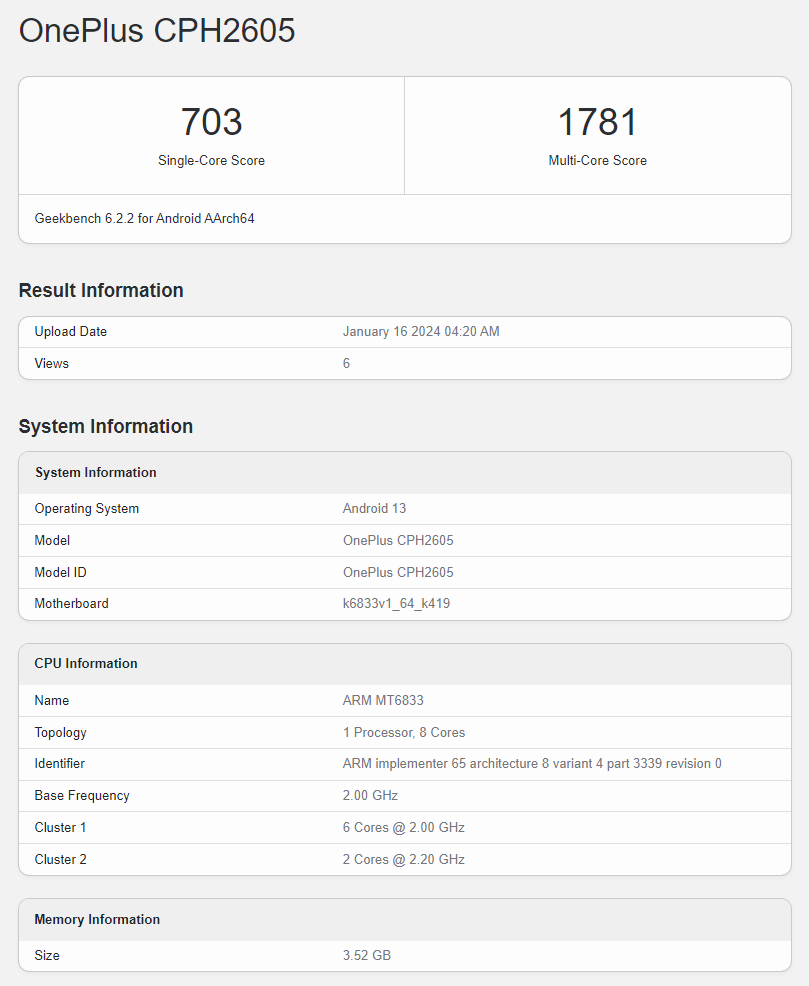 OnePlus Nord 30 SE 5G Geekbench