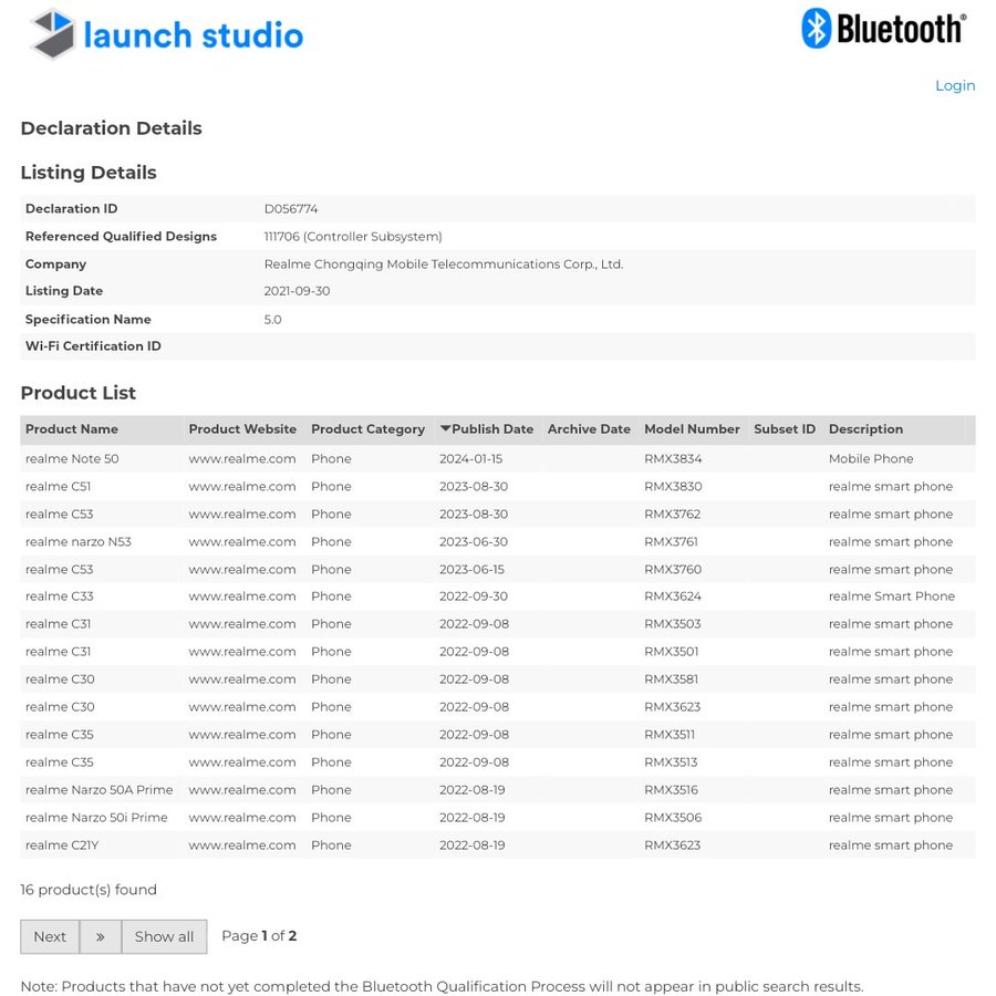 Realme Note 50 Bluetooth SIG