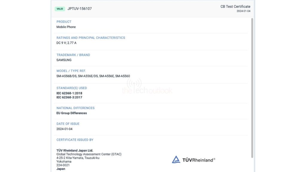 Samsung Galaxy A55 TUV certification