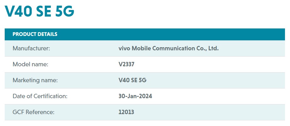 Vivo V40 SE 5G GCF listing