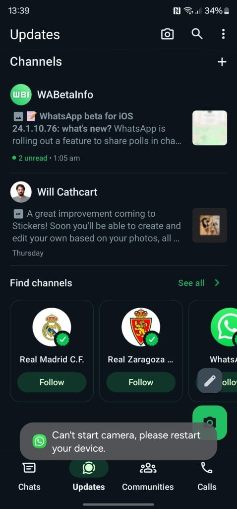 WhatsApp beta camera bug