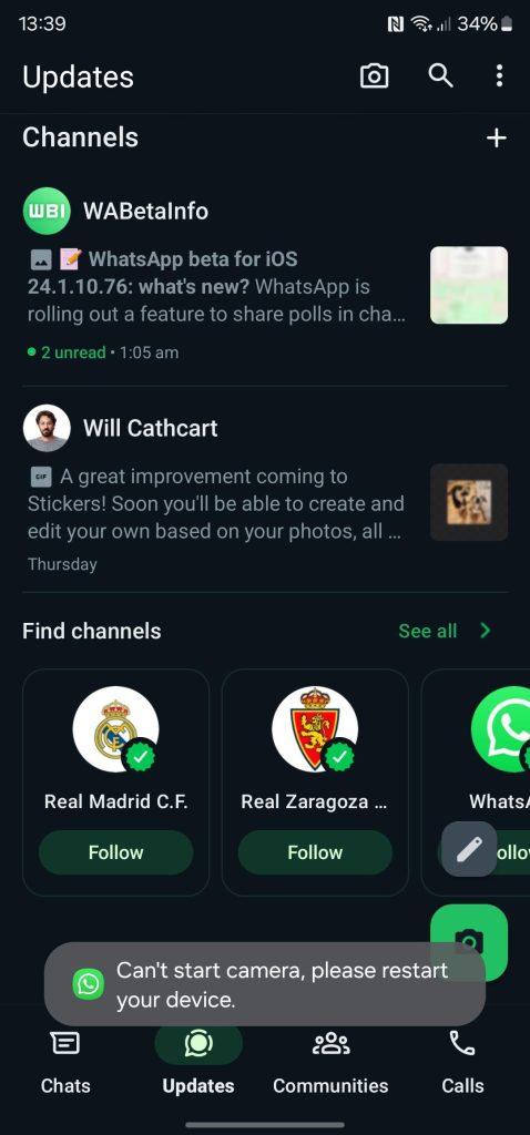 Помилка камери бета-версії WhatsApp