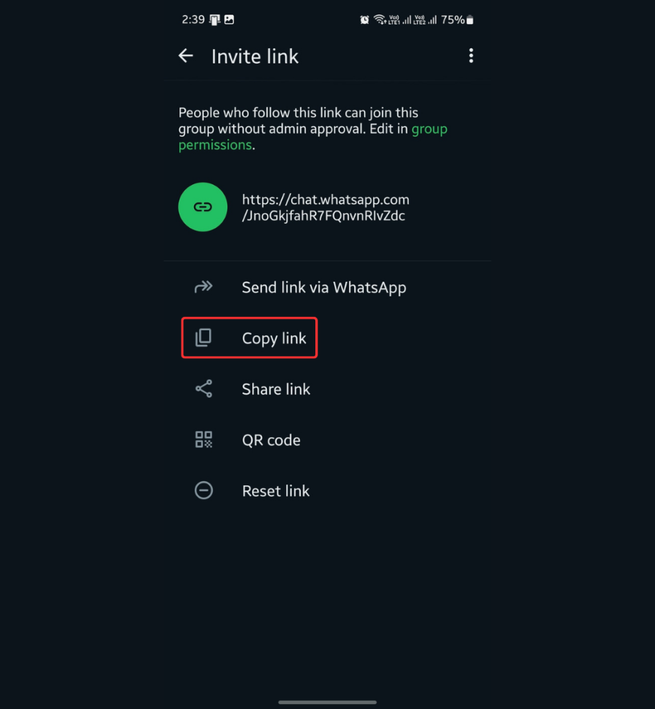 Copying WhatsApp group invite link