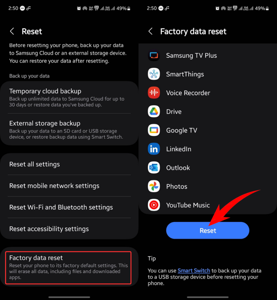 Factory data reset in Samsung Galaxy