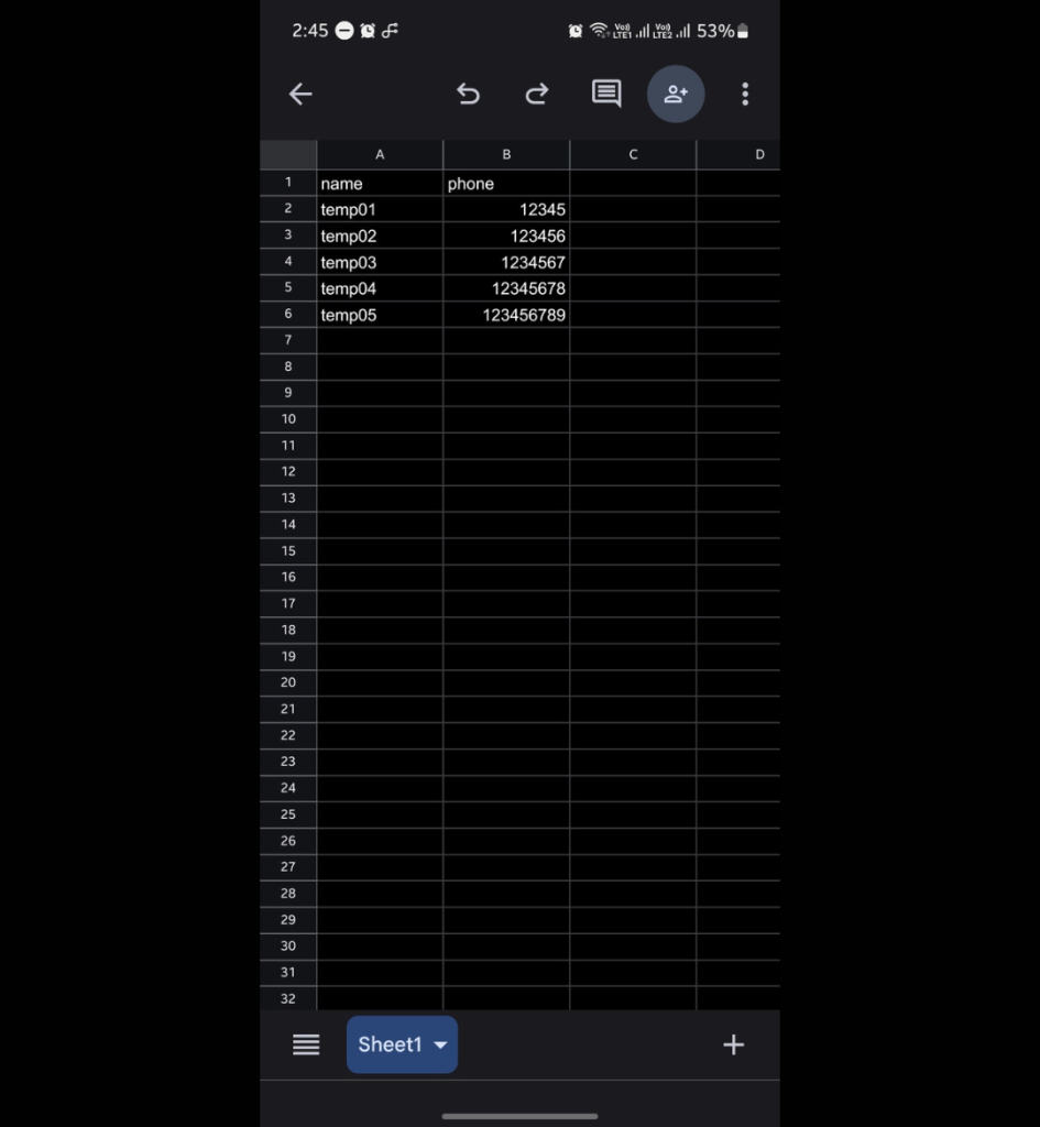 Filling name and phone numbers in Google Sheets