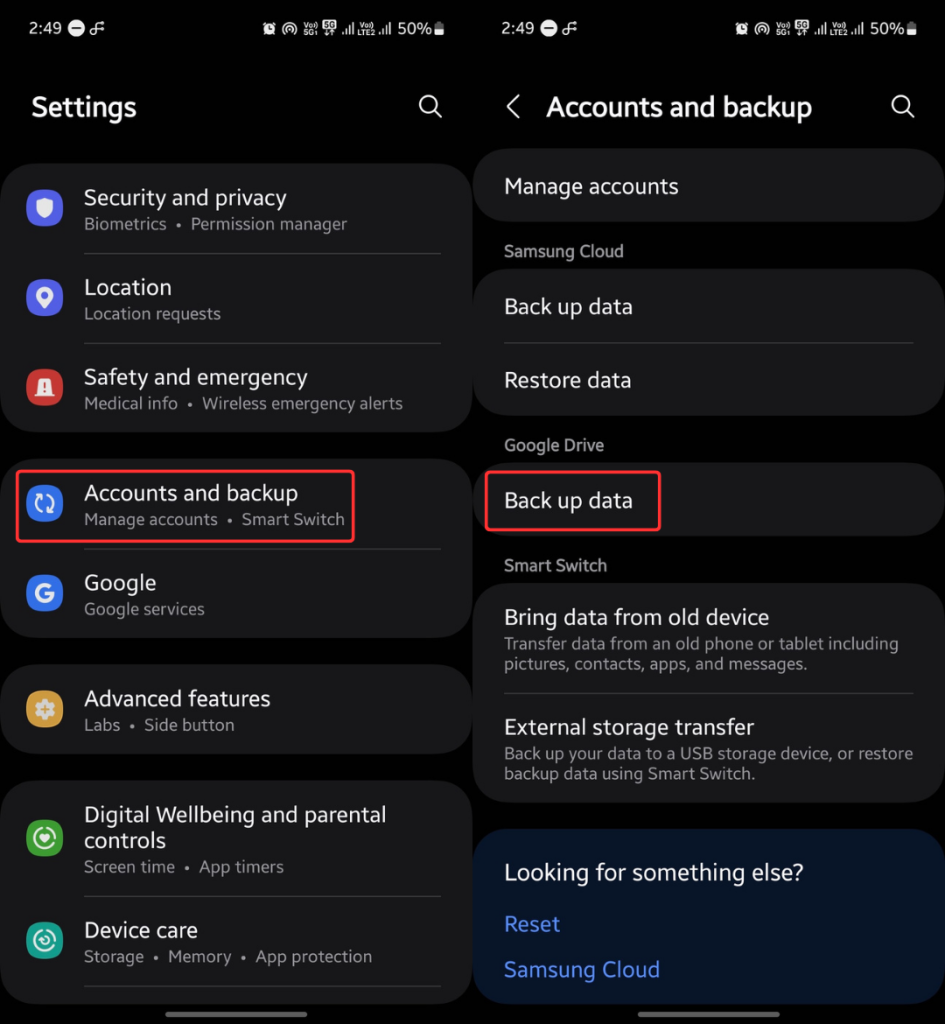 Google Drive backup settings