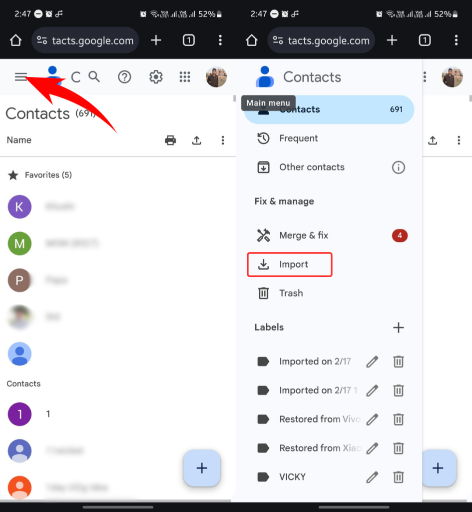 Import option on Google Contacts