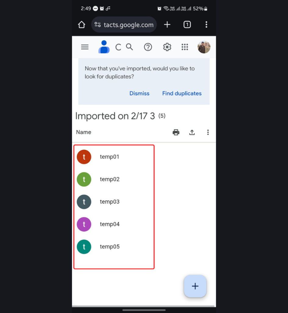 Improted contats on Google Contacts