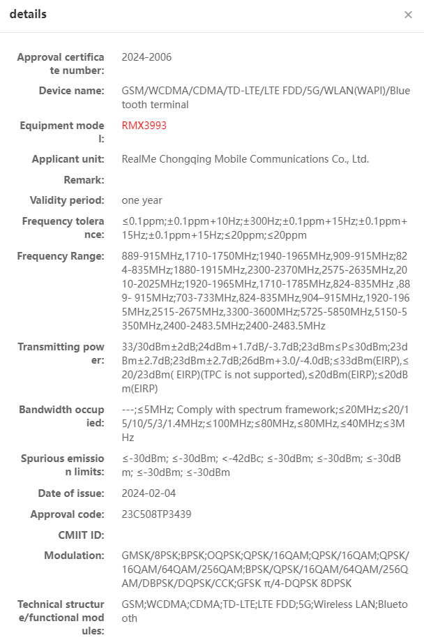 Realme RMX3993 radio certification
