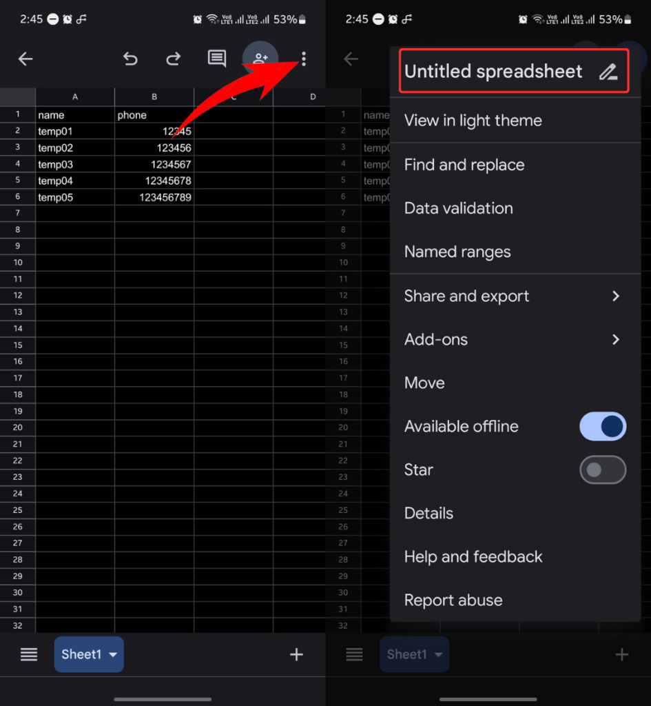 Renaming the spreadsheet in Google Sheets