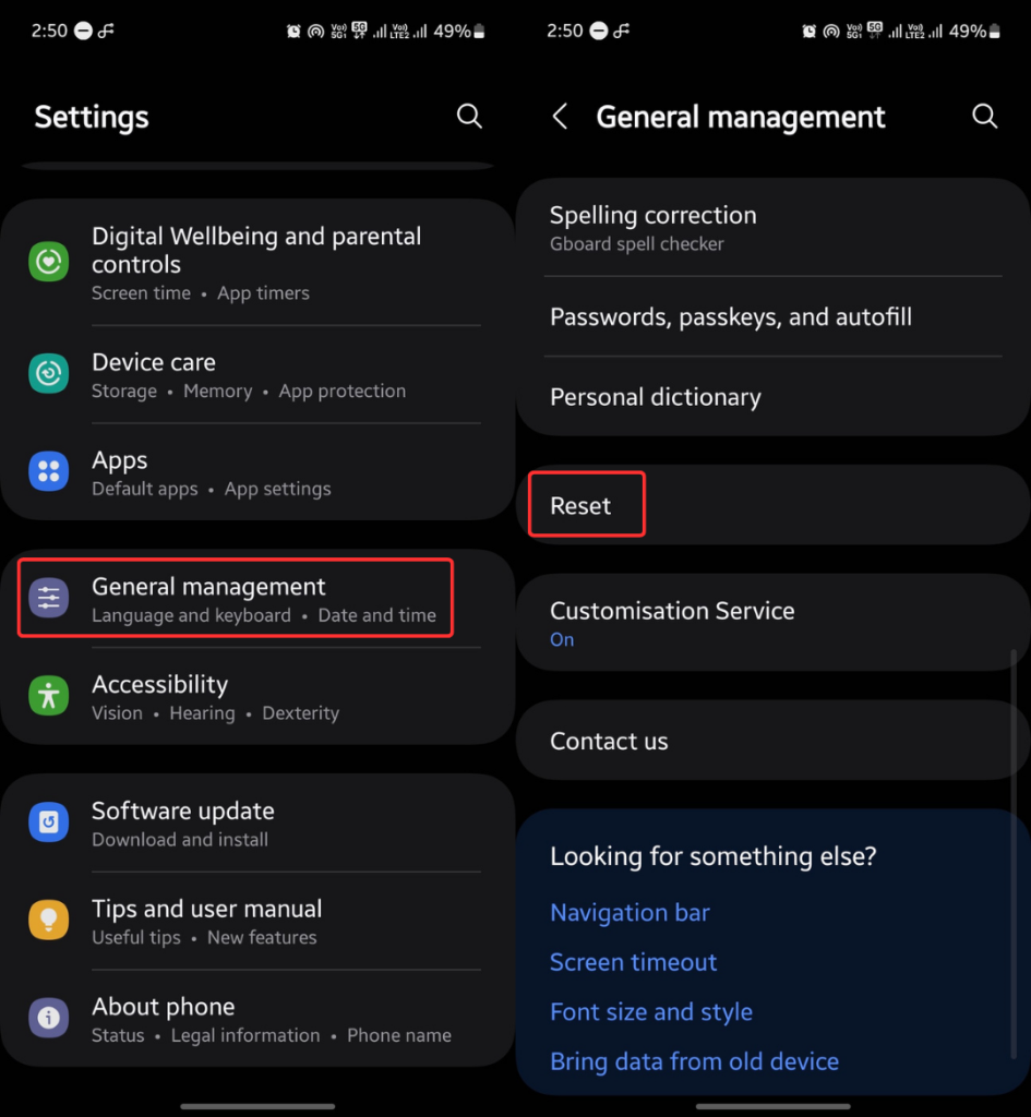 Reset option in Samsung Galaxy