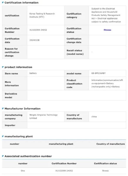 Samsung Galaxy M15 Battery certifications