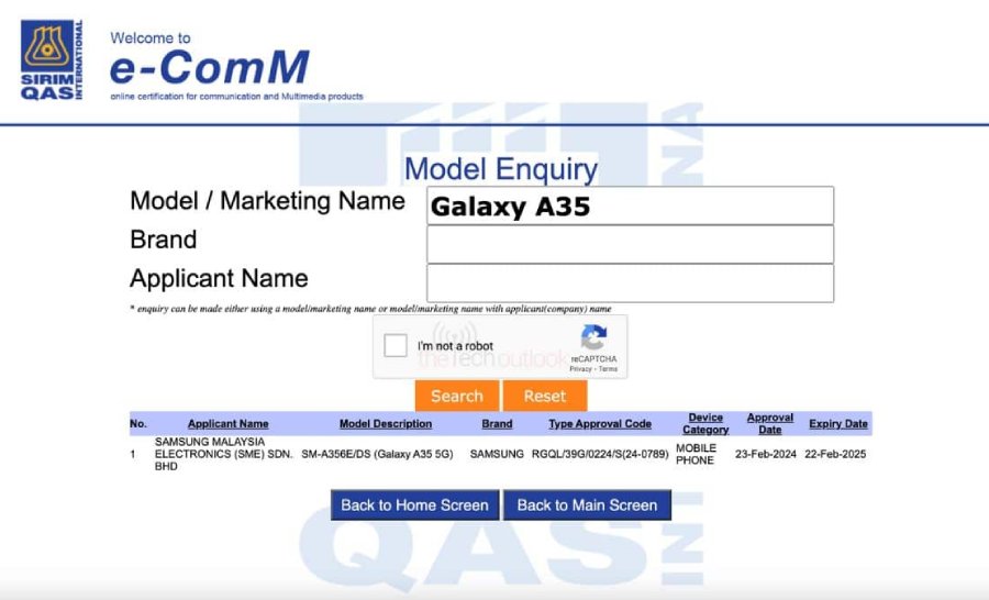 Samsung Galaxy A35 5G Malaysia SIRIM certification.