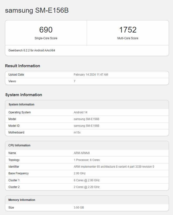 Samsung Galaxy F15 5G Geekbench
