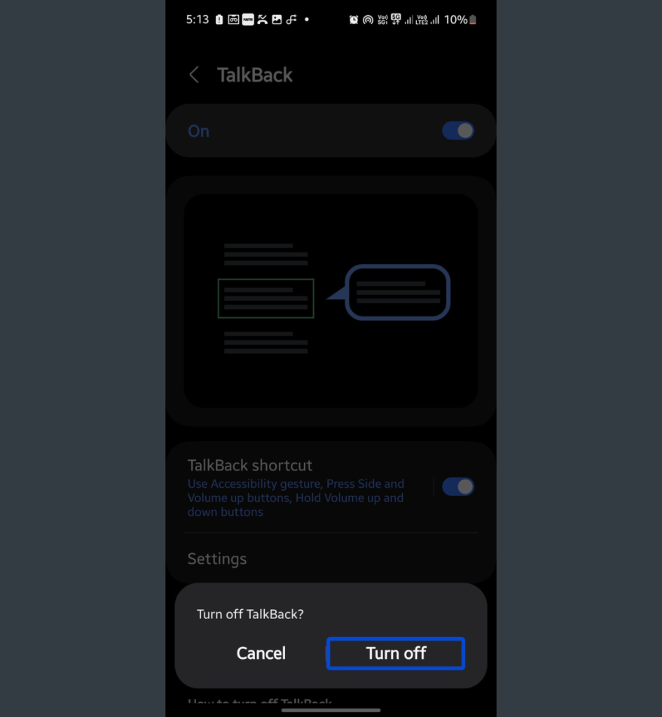 Talkback disable confirmation