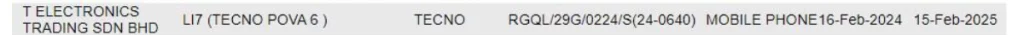 Tecno Pova 6 SIRIM certification
