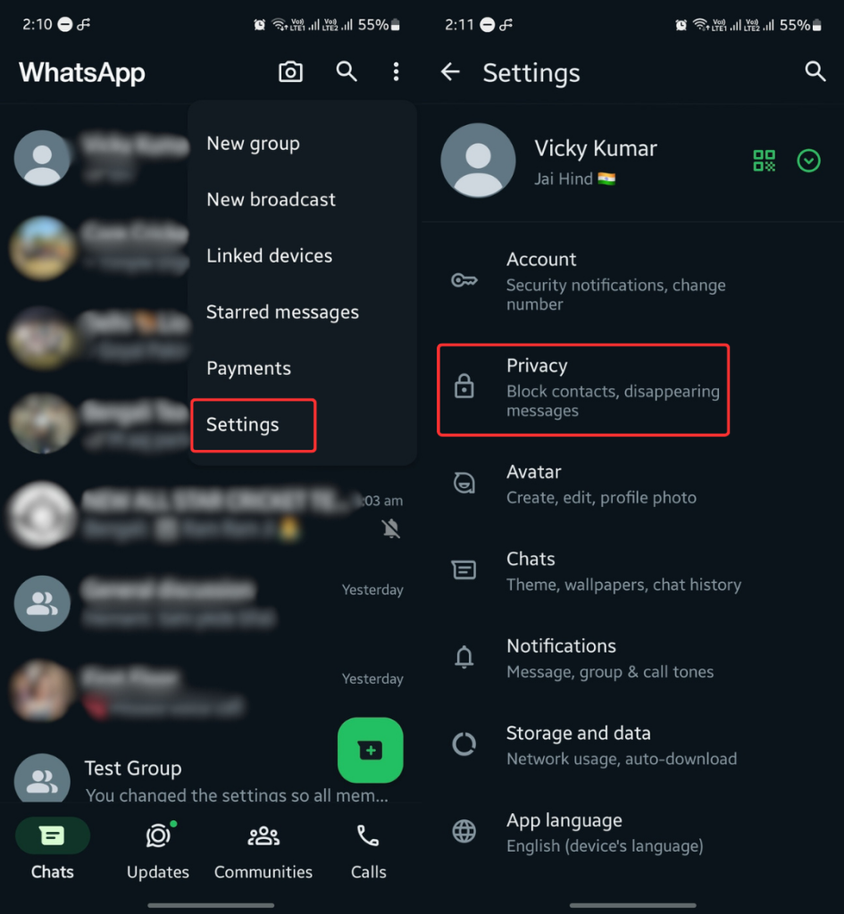 WhatsApp தனியுரிமை அமைப்புகள்