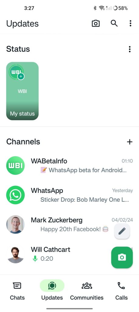Nuevo diseño de pestaña de estado de WhatsApp