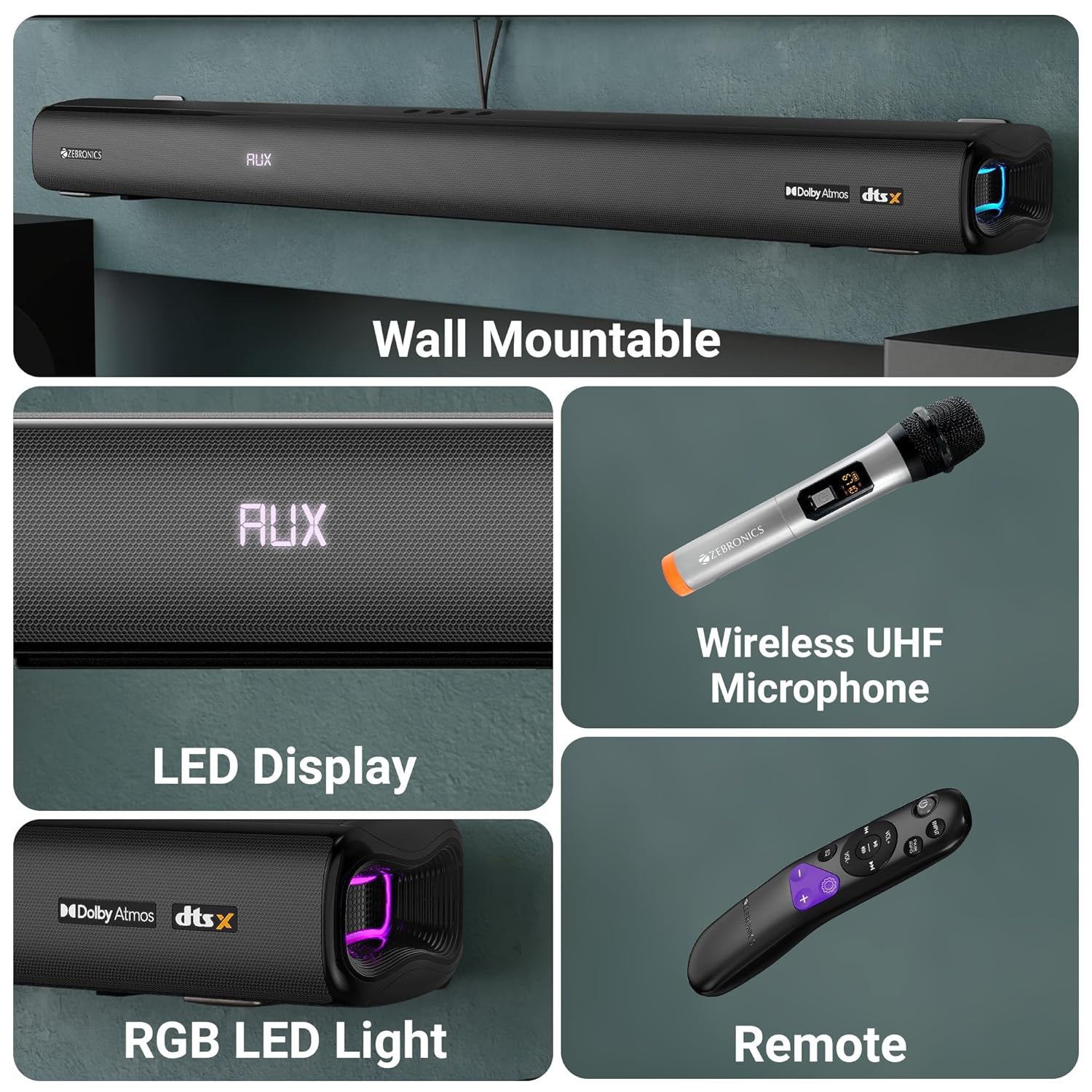 Zebronics ZebJuke Bar 9900 725W soundbar with a UHF karaoke microphone