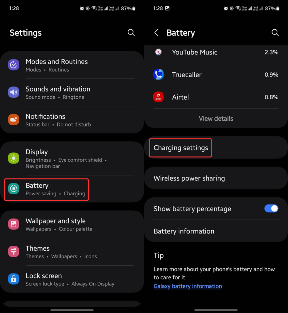 Charging settings in Samsung