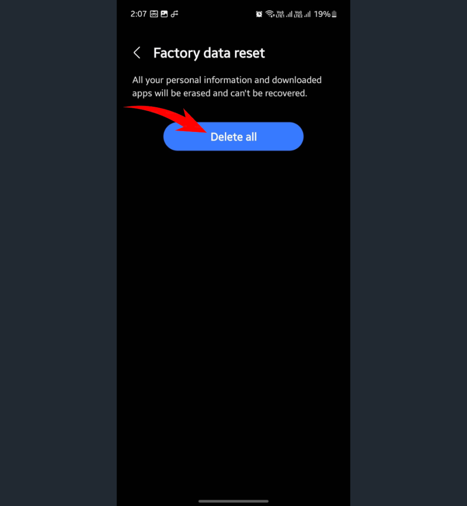 Completing factory data reset process in Samsung