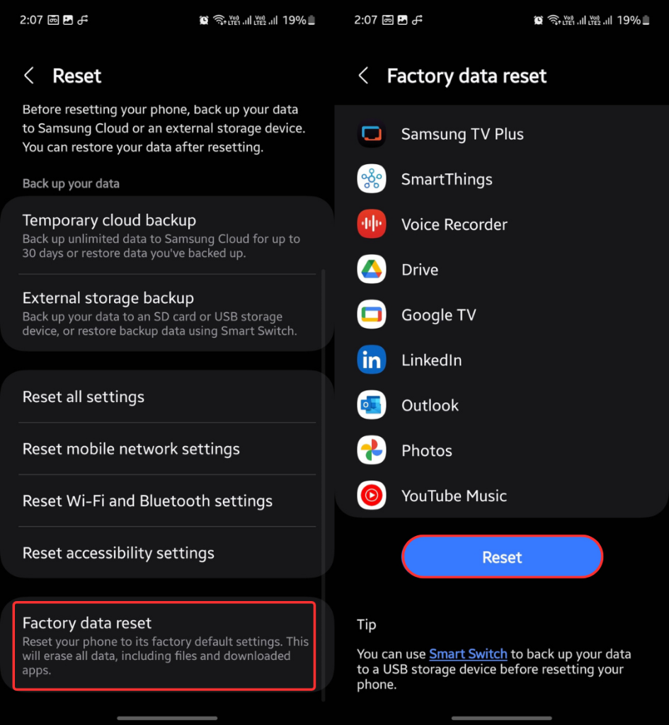 Factory data reset Samsung