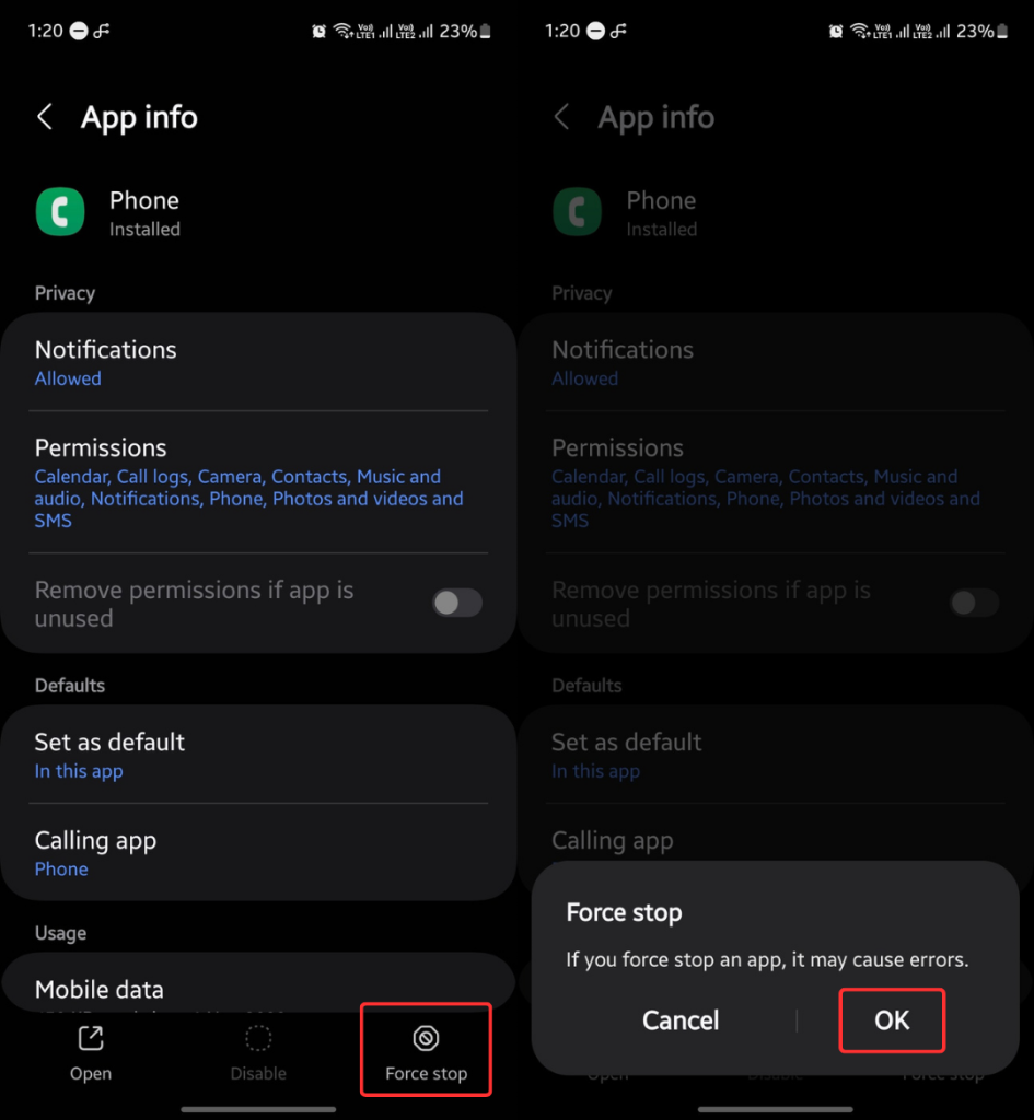 Force stop Phone app