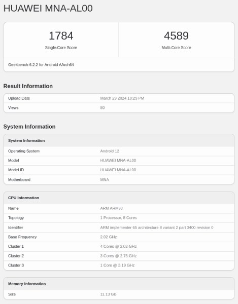 Huawei P70 Art Geekbench