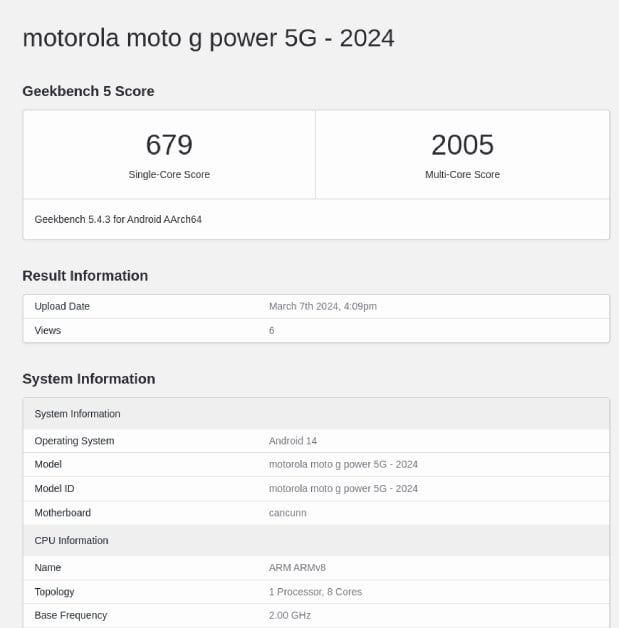 Moto G Power 5G 2024 Geekbench