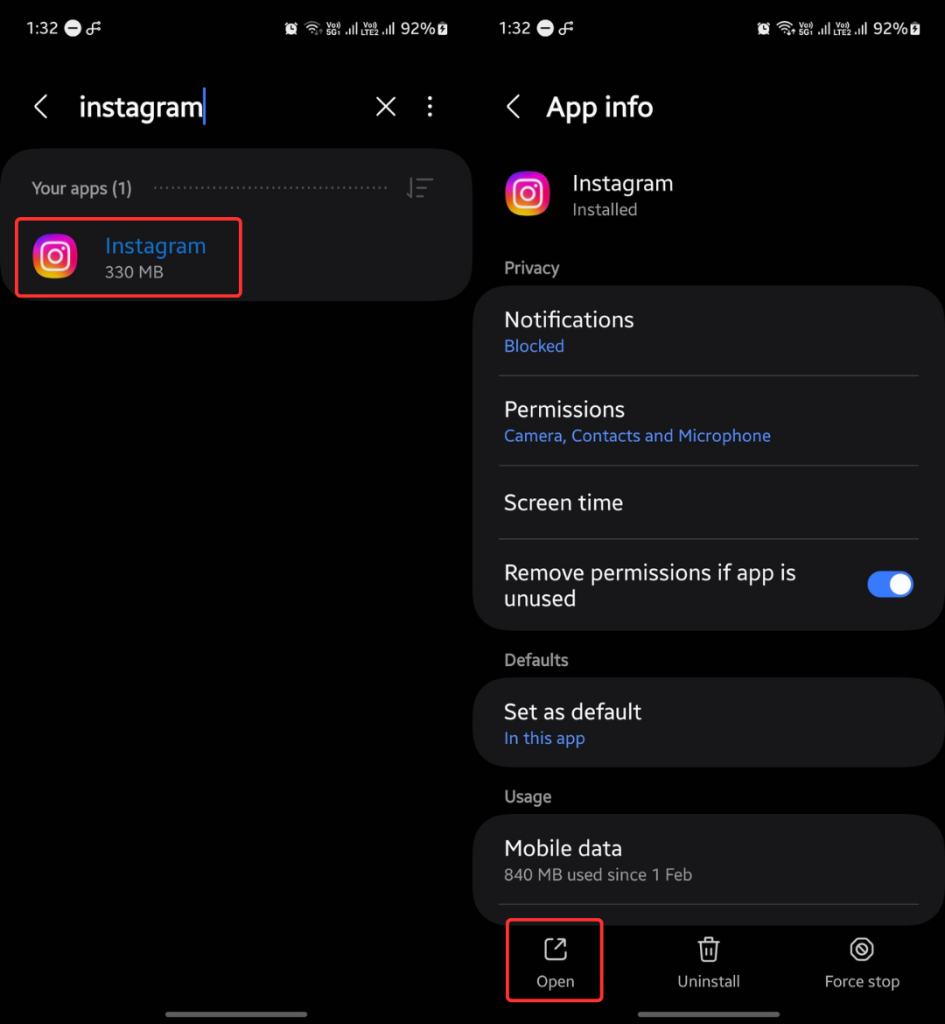 Opening an app from the app list