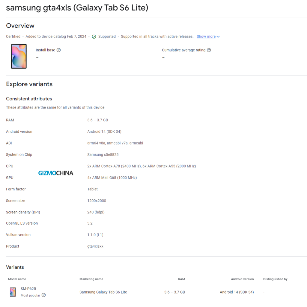 Samsung Galaxy Tab S6 Lite (2024) Google Play Console Listing