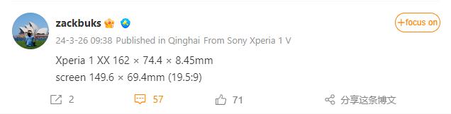 Dimensões do Sony Xperia 1 VI