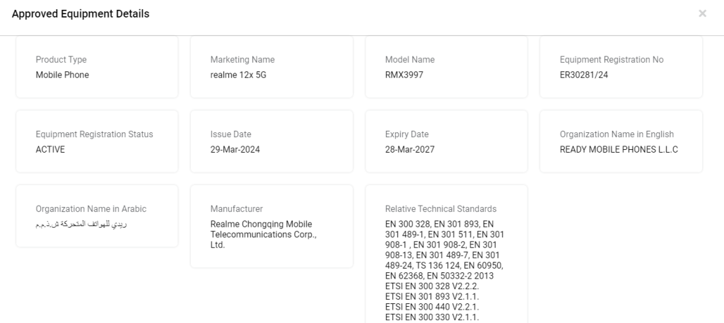 Realme 12x 5G TDRA Certification