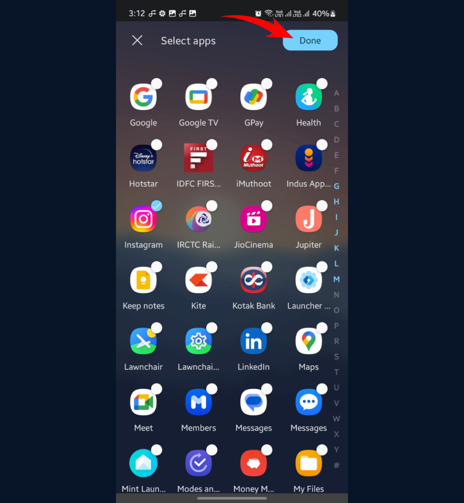 Selecting apps to hide
