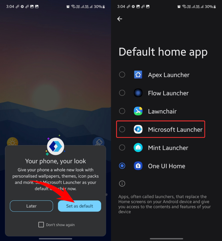 Setting Microsoft Launcher as the default launcher