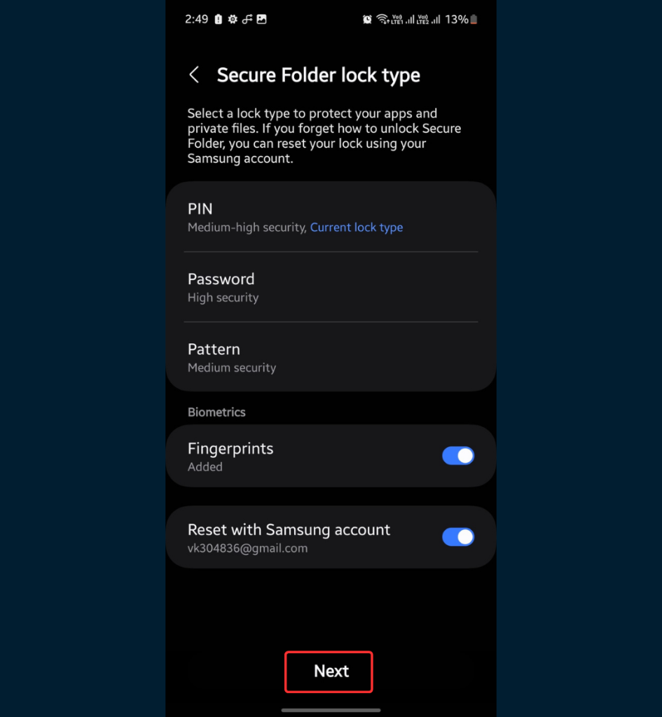 Setting password for Secure Folder