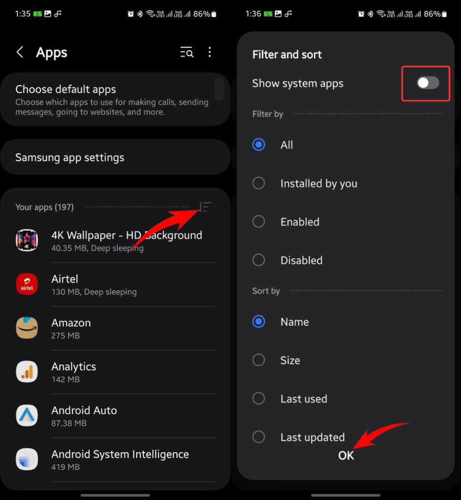 Show system apps in Samsung