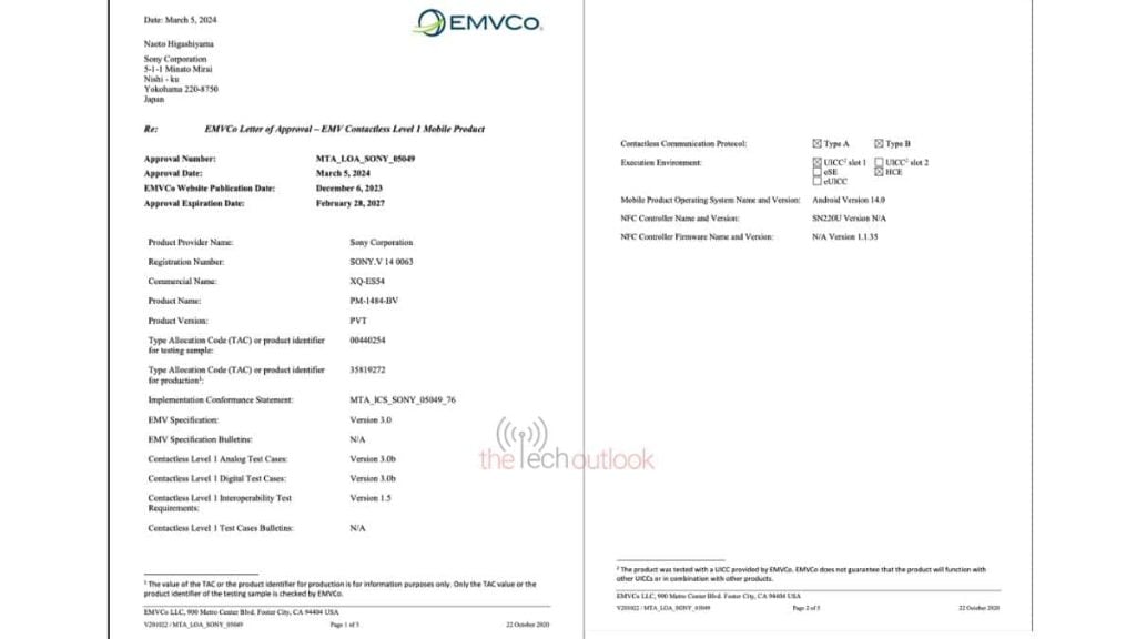 Sony Xperia 1 VI EMVCO certification