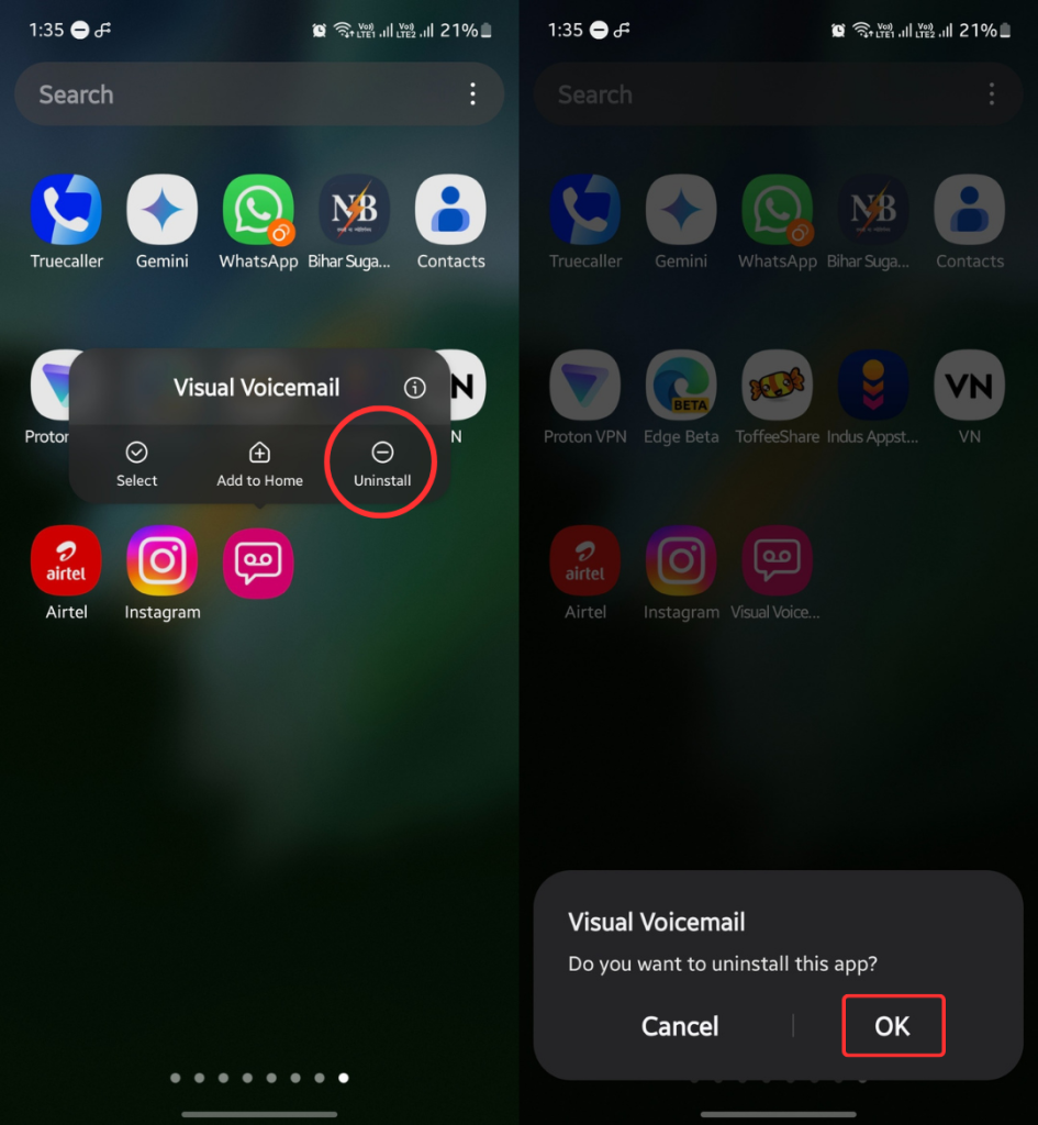 Uninstalling Visual Voicemail app