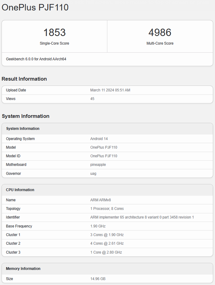 OnePlus Ace 3V Geekbench