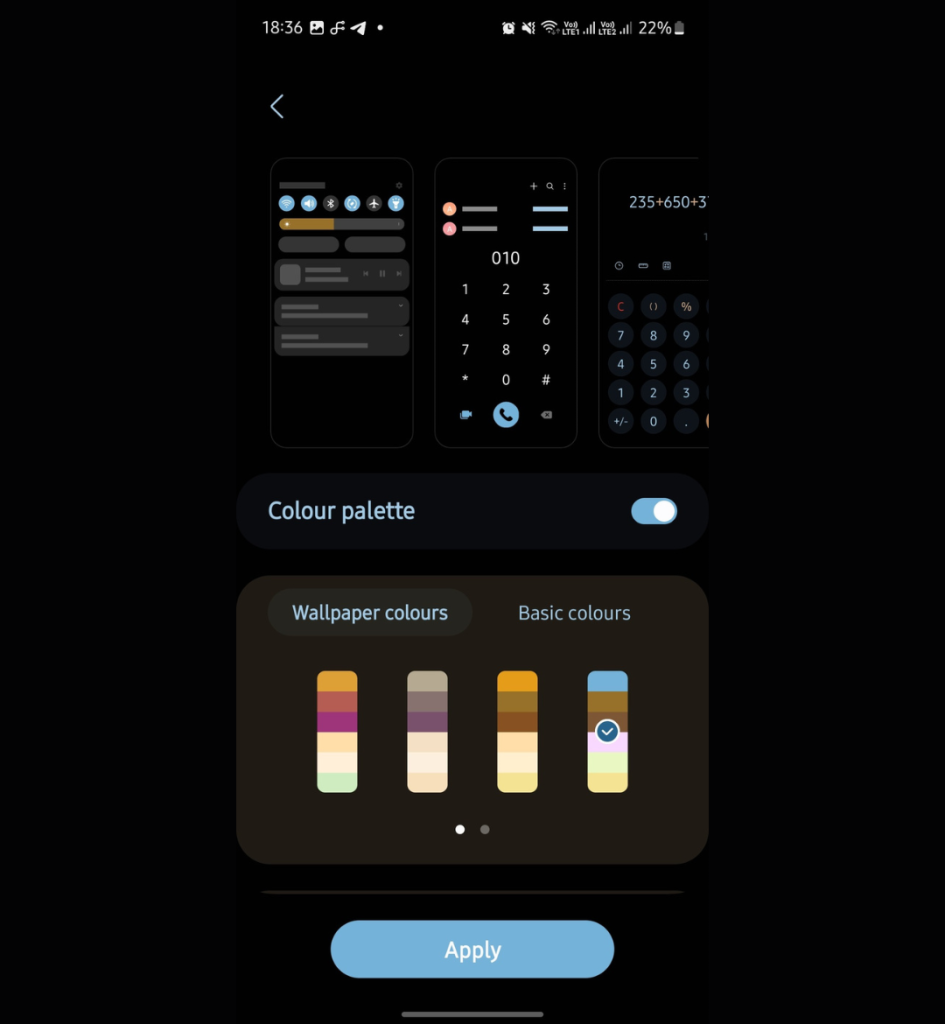 Paleta de colores en una sola interfaz de usuario