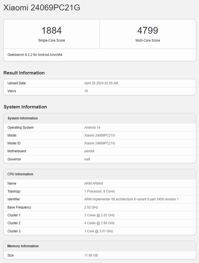 Poco F6 全球版 geekbench