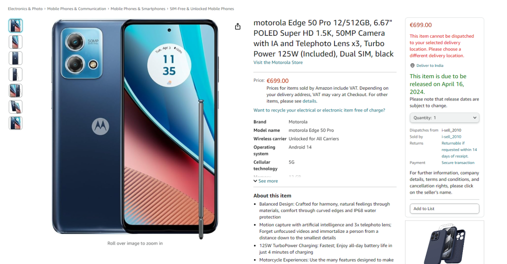 motorola Edge 50 Pro Amazon Germany listing