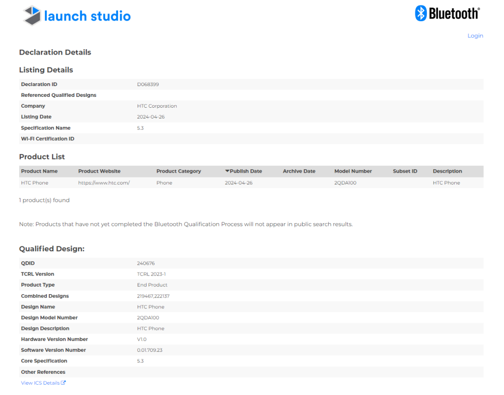 HTC 2QDA100 Bluetooth SIG