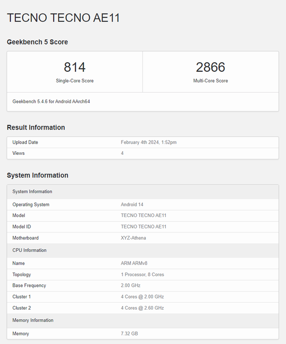 Tecno Phantom V Flip 2 5G Geekbench