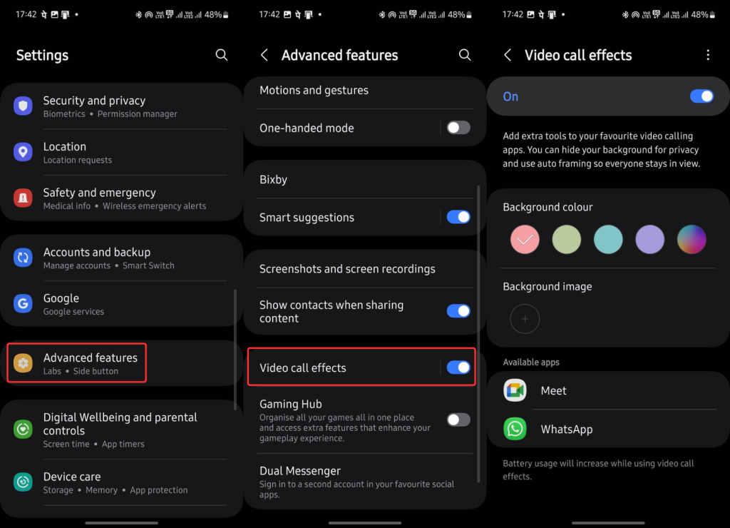 Video call effects in Samsung Galaxy