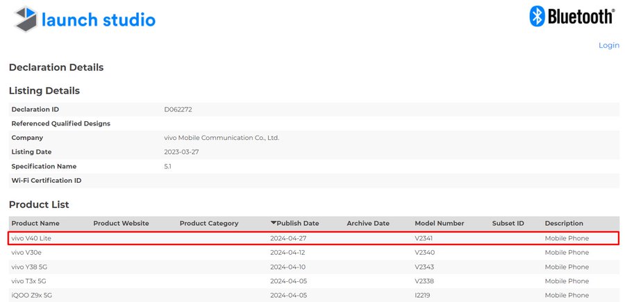 Vivo V40 Lite Bluetooth SIG