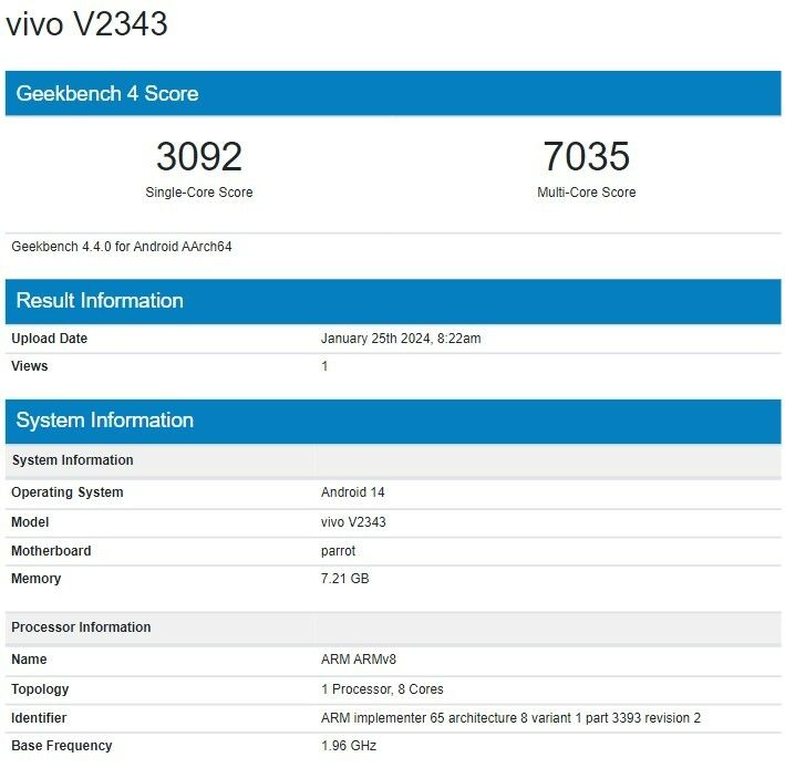Vivo Y38 5G Gekebench listing